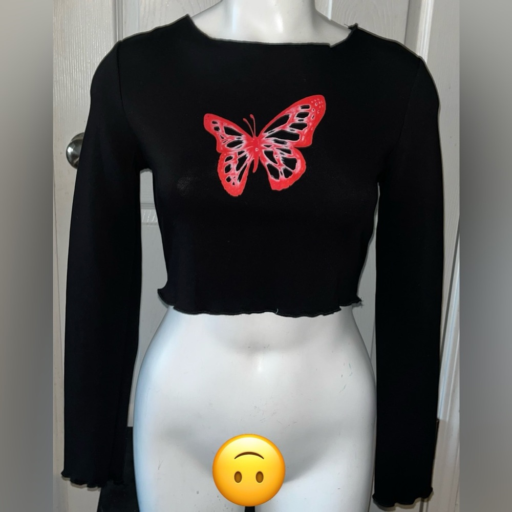 NWT Pretty Damage Black Long Sleeve Butterfly Crop Top Women’s Medium